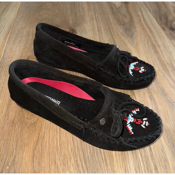 Minnetonka Black Thunderbird Beaded Moccasins - size 7 - E19 - Picture 1 of 8